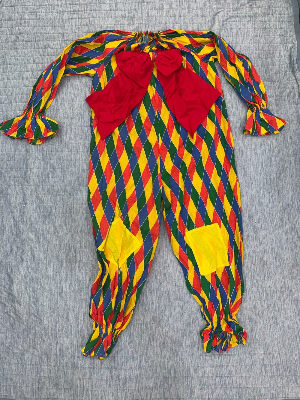 Vintage Colorful Harlequin Diamond Clown Costume with Giant Red Bow